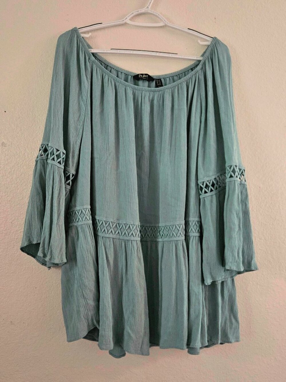 Du Jour 1X Plus Size Blouse Blue - Green Flowy Bell Sleeves